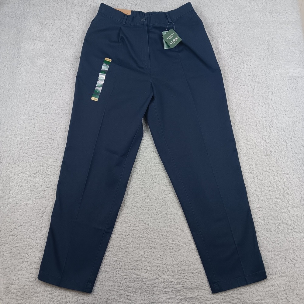 L.L.Bean Pant BysdTwill PntOrgFitPlt Women 14 Navy Wrinkle Free NWT 183650